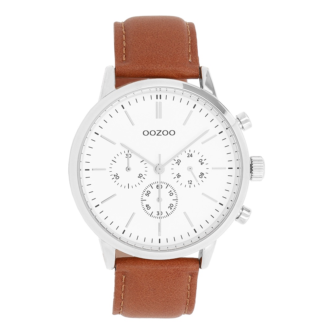 Silver coloured OOZOO watch with brown leather strap